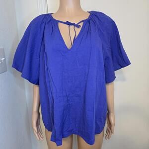 A New Day Women's Short Flounce Sleeve Boho Boxy V-Neck Popover Top Size XL Blue